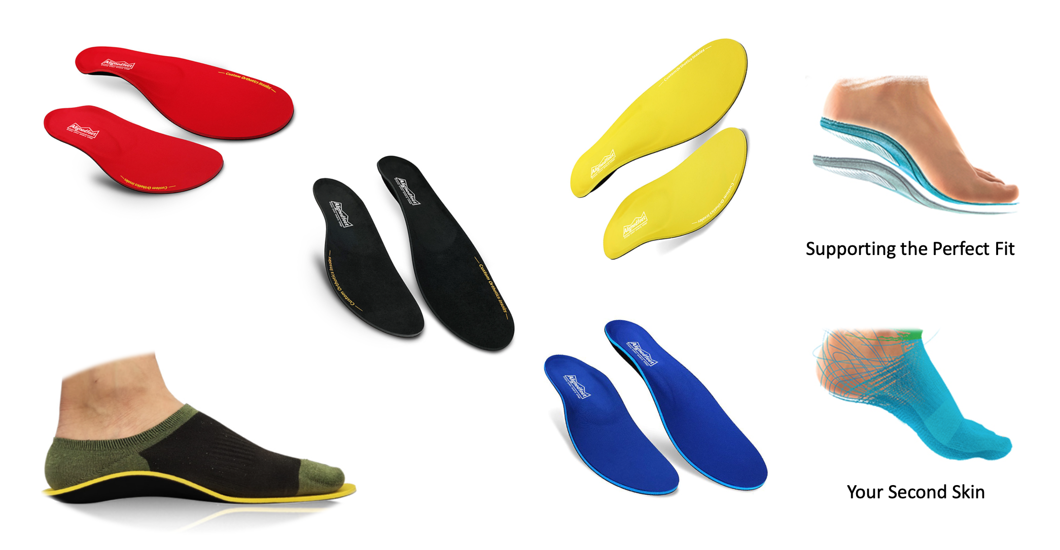 SprinSole custom orthotics with different colors and visual effect on arch support