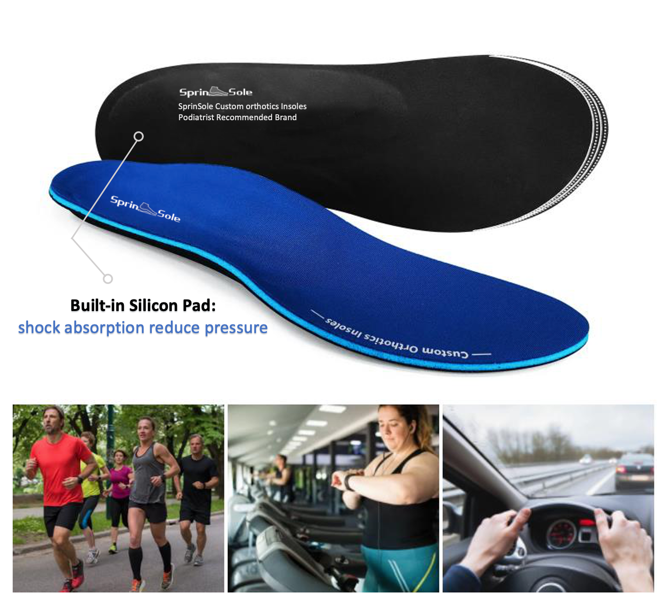 SprinSole custom orthotics front and bottom view
