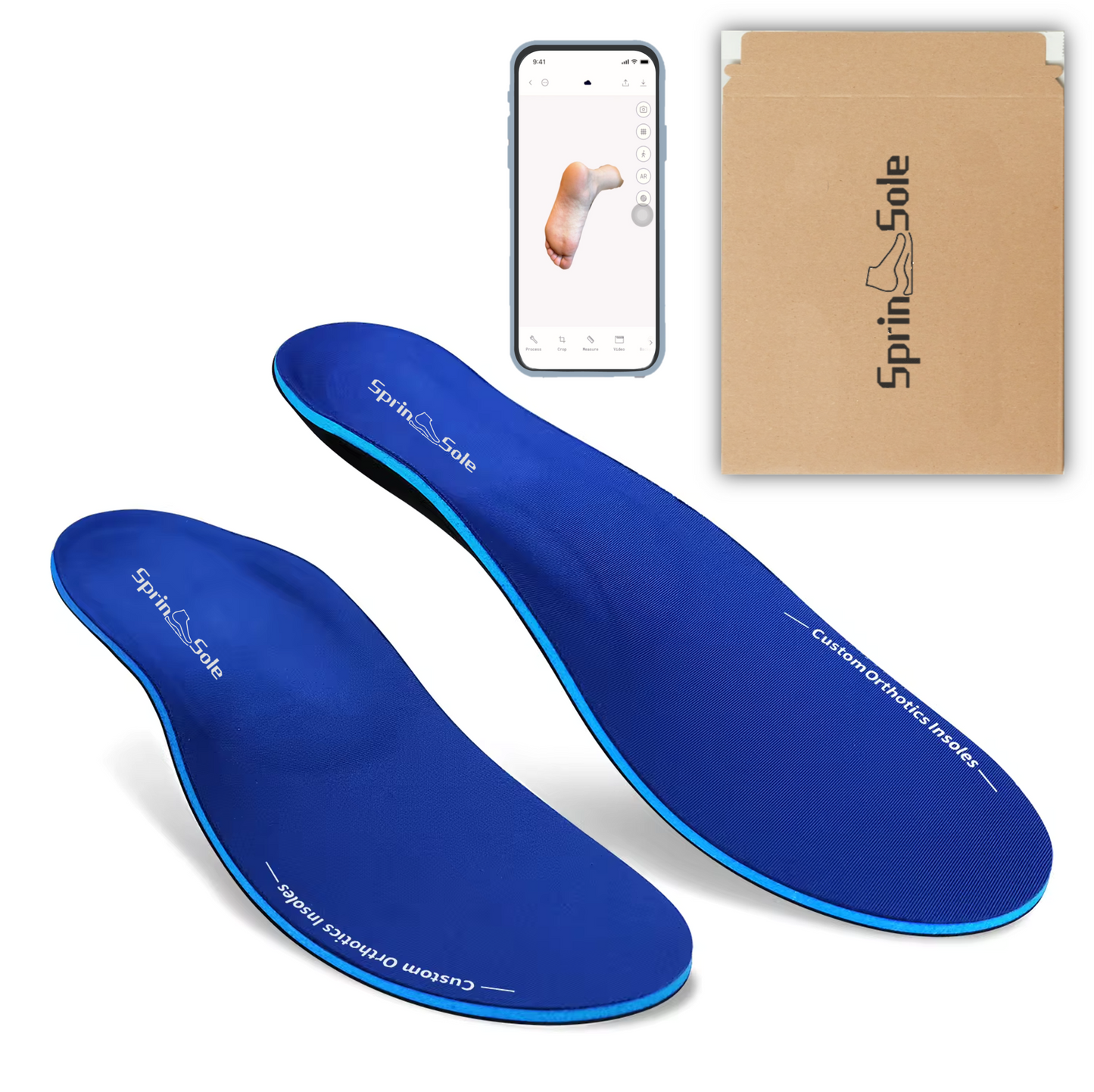 SprinSole custom orthotics full front view and phone scan